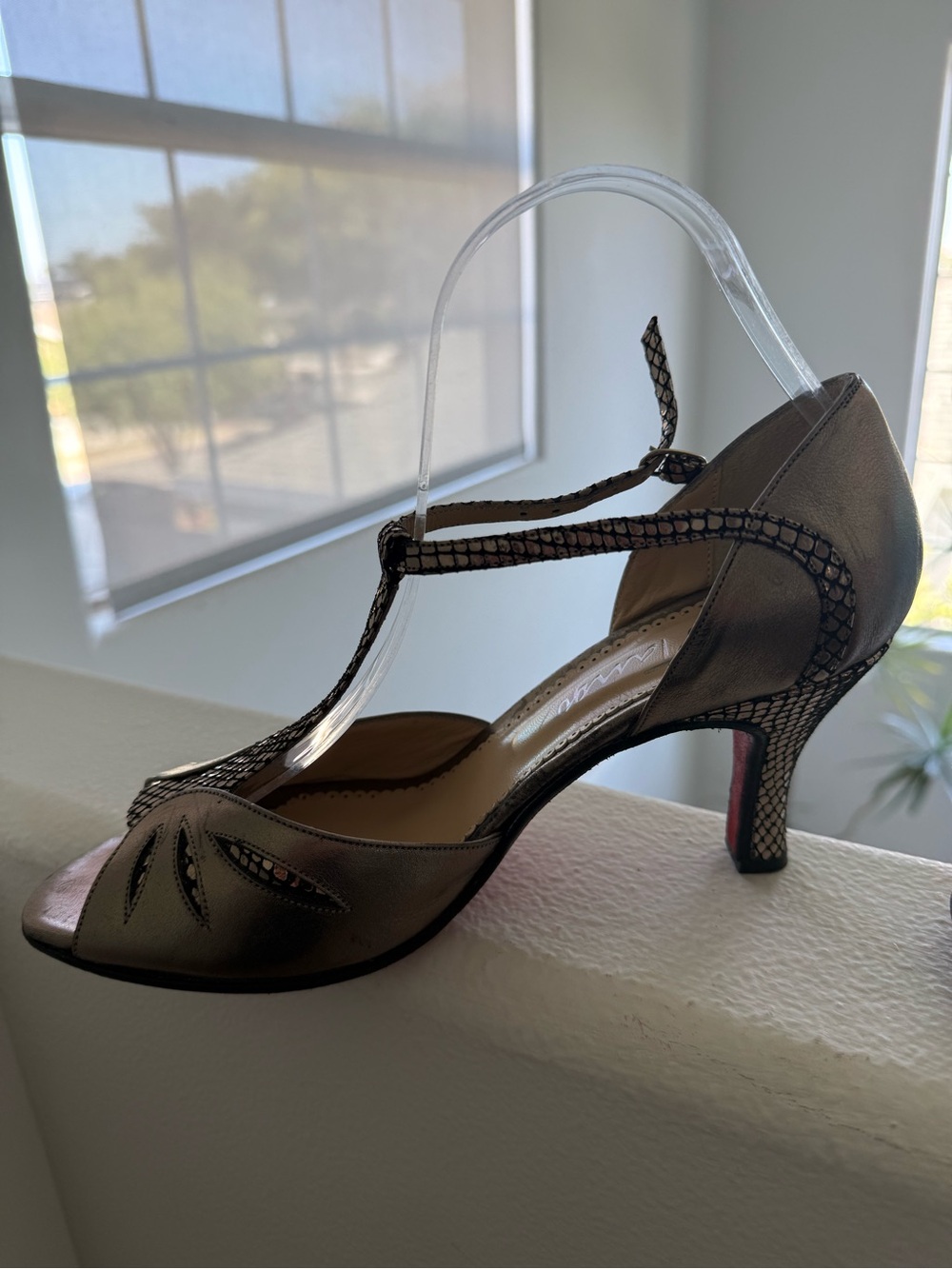 Metallic Pewter Peep-Toe T-Strap Heels for Women 9 - Picture 2 of 7